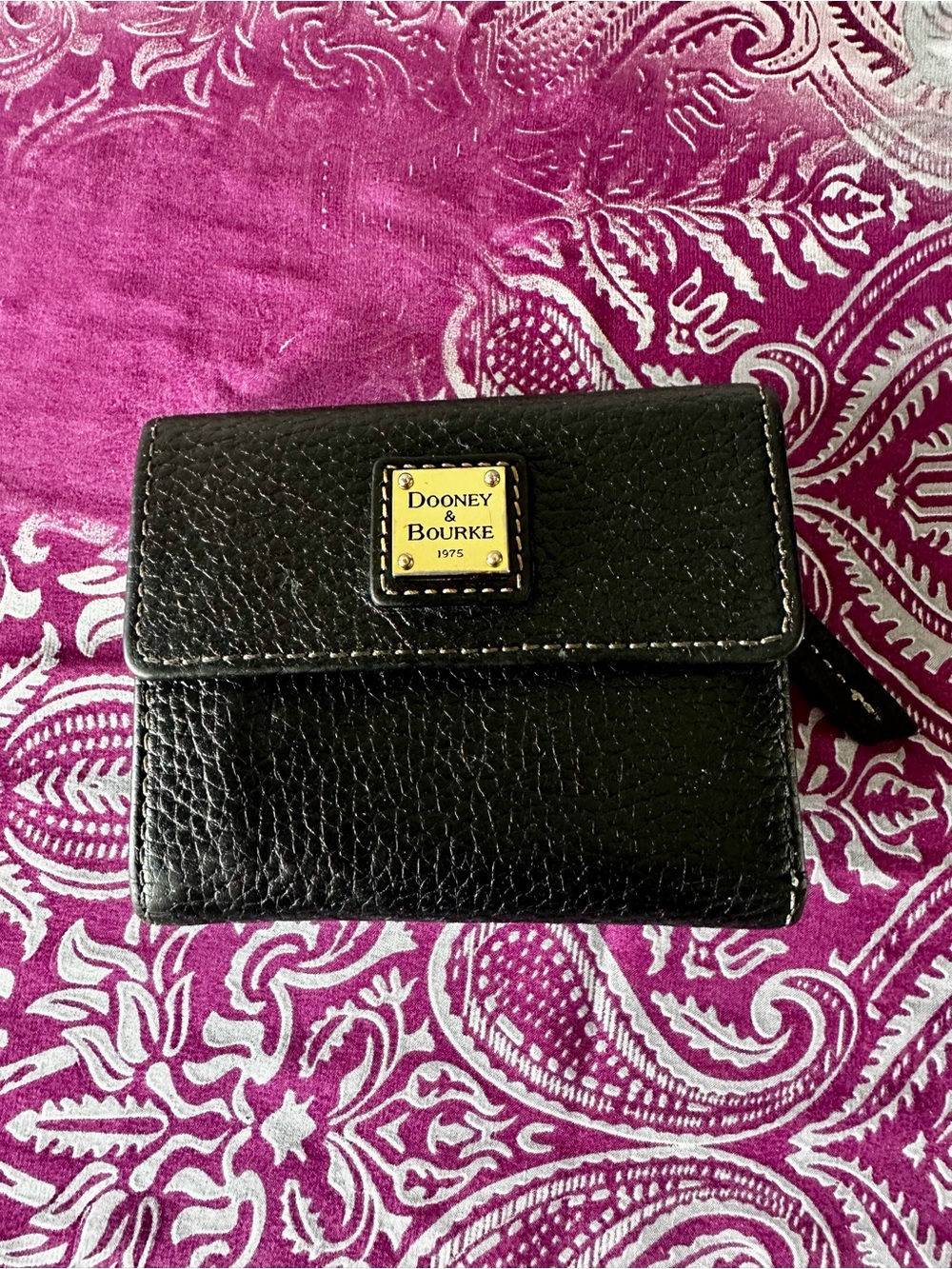 Dooney & Bourke Black Pebble Leather Card Holder with Gold Logo Plaque